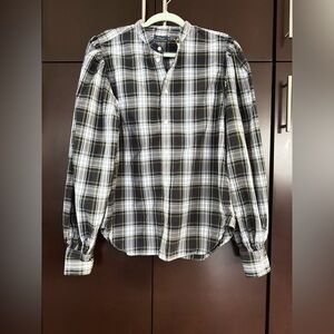 Ralph Lauren Womens Blue,  Black, Yellow and White Plaid Round Collar Blouse